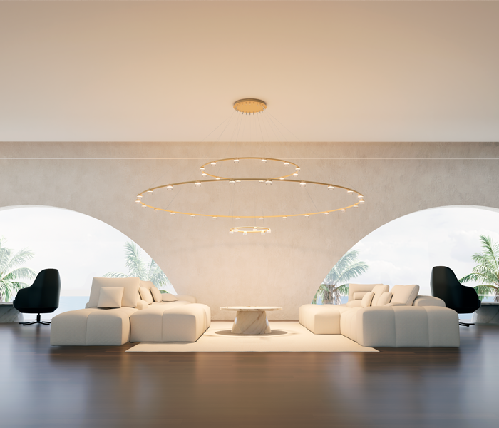 Luminaria Dew de suspensión flotante diseñada por GCA Architects, un ejemplo de lighting design de lujo con tubo curvado de aluminio y vidrio estriado de alta calidad. Esta lámpara de diseño personalizado ofrece combinaciones flexibles en sus aros suspendidos, ideal para proyectos exclusivos que buscan una iluminación a medida y sofisticada. La lámpara Dew de gran tamaño es perfecta para hoteles de lujo, residencias exclusivas y espacios corporativos que requieren un diseño de iluminación personalizado y elegante. Su estructura flotante y contemporánea la convierte en una pieza clave dentro de la categoría de lamparas de lujo y iluminación personalizada. Con su diseño versátil y materiales premium, Dew es la opción ideal para quienes buscan una lámpara flotante de suspensión que combine funcionalidad y estética en proyectos de alta gama. Este producto representa la excelencia en diseño de alta calidad y productos de alta calidad para interiores sofisticados. Dew floating suspension luminaire designed by GCA Architects, an example of luxury lighting design featuring a curved aluminum tube and high-quality ribbed glass. This custom-designed lamp offers flexible combinations in its suspended rings, ideal for exclusive projects seeking tailored and sophisticated illumination. The large-sized Dew lamp is perfect for luxury hotels, exclusive residences, and corporate spaces that require elegant and personalized lighting design. Its floating and contemporary structure makes it a key piece within the luxury lamps and custom lighting category. With its versatile design and premium materials, Dew is the ideal choice for those looking for a floating suspension lamp that combines functionality and aesthetics in high-end projects. This product represents excellence in high-quality design and premium products for sophisticated interiors.