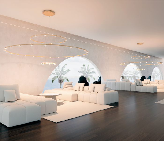 Luminaria Dew de suspensión flotante diseñada por GCA Architects, un ejemplo de lighting design de lujo con tubo curvado de aluminio y vidrio estriado de alta calidad. Esta lámpara de diseño personalizado ofrece combinaciones flexibles en sus aros suspendidos, ideal para proyectos exclusivos que buscan una iluminación a medida y sofisticada. La lámpara Dew de gran tamaño es perfecta para hoteles de lujo, residencias exclusivas y espacios corporativos que requieren un diseño de iluminación personalizado y elegante. Su estructura flotante y contemporánea la convierte en una pieza clave dentro de la categoría de lamparas de lujo y iluminación personalizada. Con su diseño versátil y materiales premium, Dew es la opción ideal para quienes buscan una lámpara flotante de suspensión que combine funcionalidad y estética en proyectos de alta gama. Este producto representa la excelencia en diseño de alta calidad y productos de alta calidad para interiores sofisticados. Dew floating suspension luminaire designed by GCA Architects, an example of luxury lighting design featuring a curved aluminum tube and high-quality ribbed glass. This custom-designed lamp offers flexible combinations in its suspended rings, ideal for exclusive projects seeking tailored and sophisticated illumination. The large-sized Dew lamp is perfect for luxury hotels, exclusive residences, and corporate spaces that require elegant and personalized lighting design. Its floating and contemporary structure makes it a key piece within the luxury lamps and custom lighting category. With its versatile design and premium materials, Dew is the ideal choice for those looking for a floating suspension lamp that combines functionality and aesthetics in high-end projects. This product represents excellence in high-quality design and premium products for sophisticated interiors.